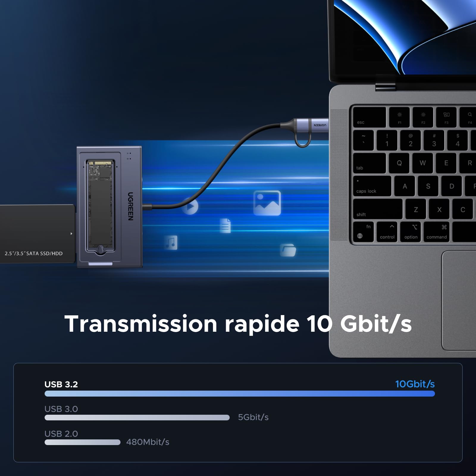 UGREEN Adaptateur USB 3.2 10 Gbit/s M.2 NVMe et SATA, Compatible SSD NVMe M.2 et HDD/SSD SATA 2,5"/3,5", Station d'accueil pour Disque Dur (sans Outil) Windows, MacOS, Linux