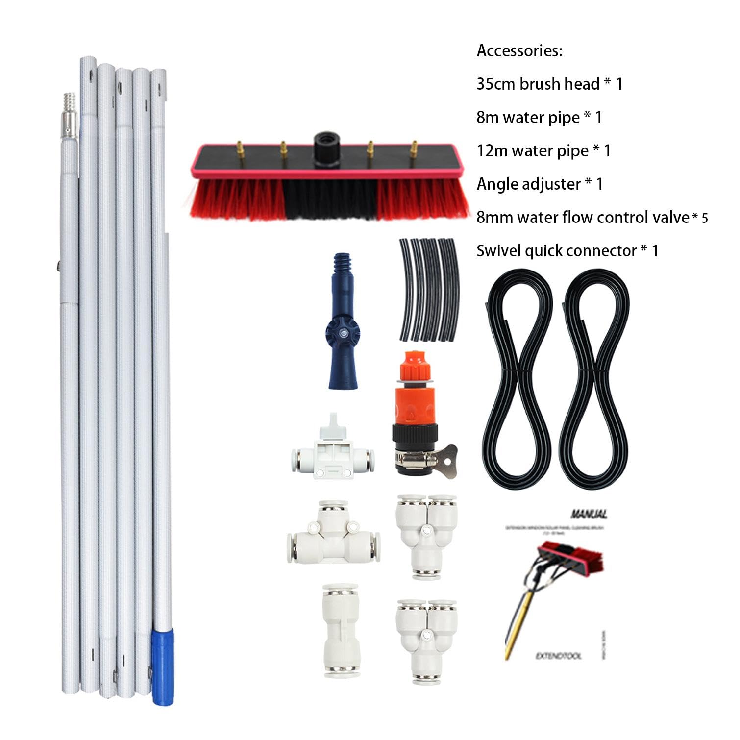 Kit Poste Limpieza Ventanas, Poste Alimentado por Agua, Cepillo Telescópico, Arandela Ventana Extensible, Limpiador Techo, Panel Solar Vidrio para Exteriores, 9M/35 Brush Head