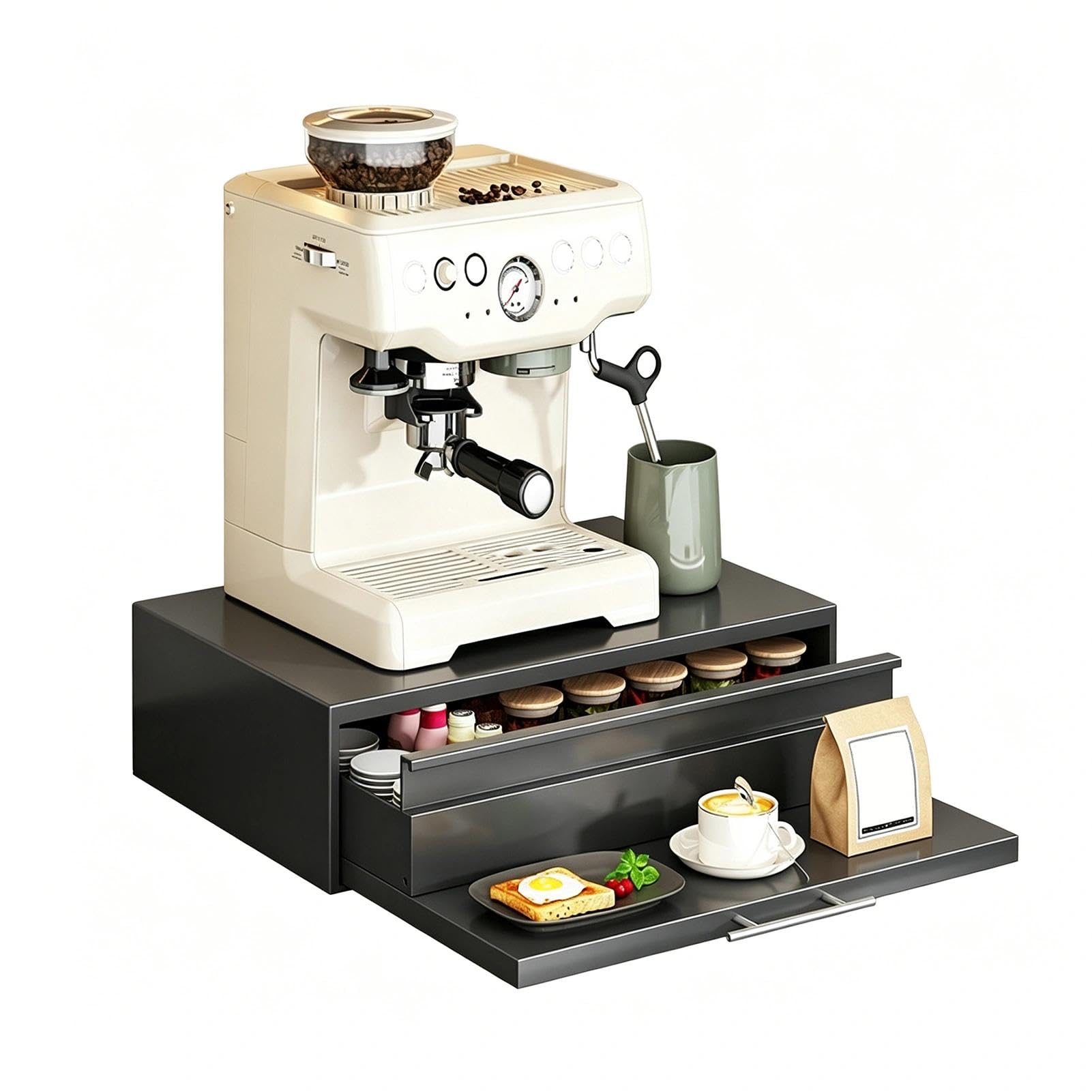 Coffee Pod Holder With Drawers & Side Caddy – Sild Out Coffee Station Organizer Cup Storage Box Coffee Machine Stand For Kitchen Countertop(Black-A)