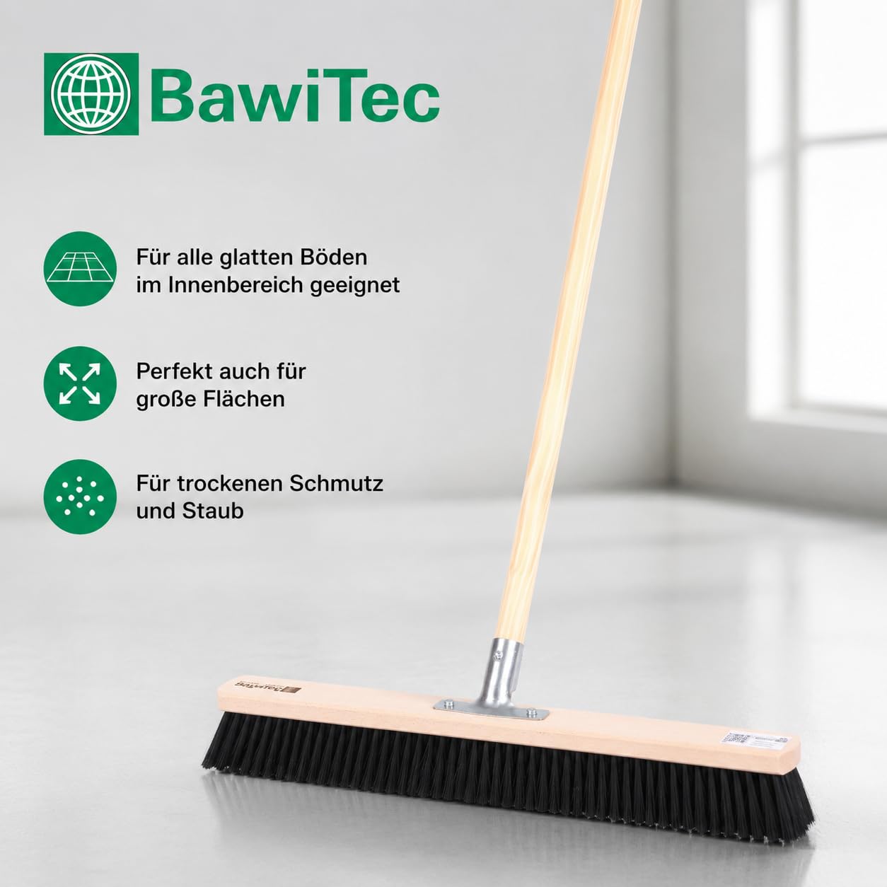 Profi Saalbesen weiche Kunsthaar Borsten 100cm mit Stiel 160cm Lang Besen | Mit Geräte-Holzstiel Ø28mm, Stabiler Metall-Stielhalter, Für glatte Böden, Für Innenbereiche