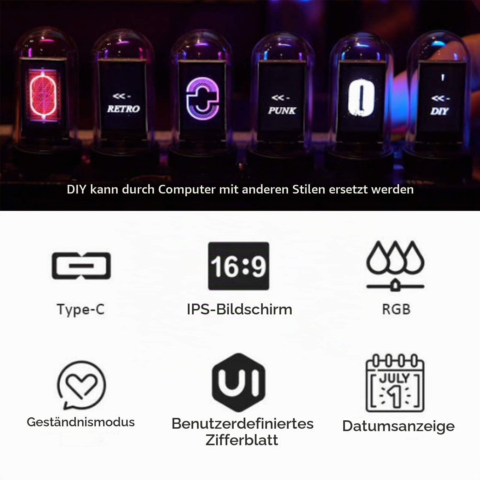 TWSOUL LED Nixie Uhr - DIY Röhrenuhr, 20 Modi Digitaluhr, Customized Photo Display, Retro Vintage Uhr Mit USB-Kabel - Kreatives Geschenk