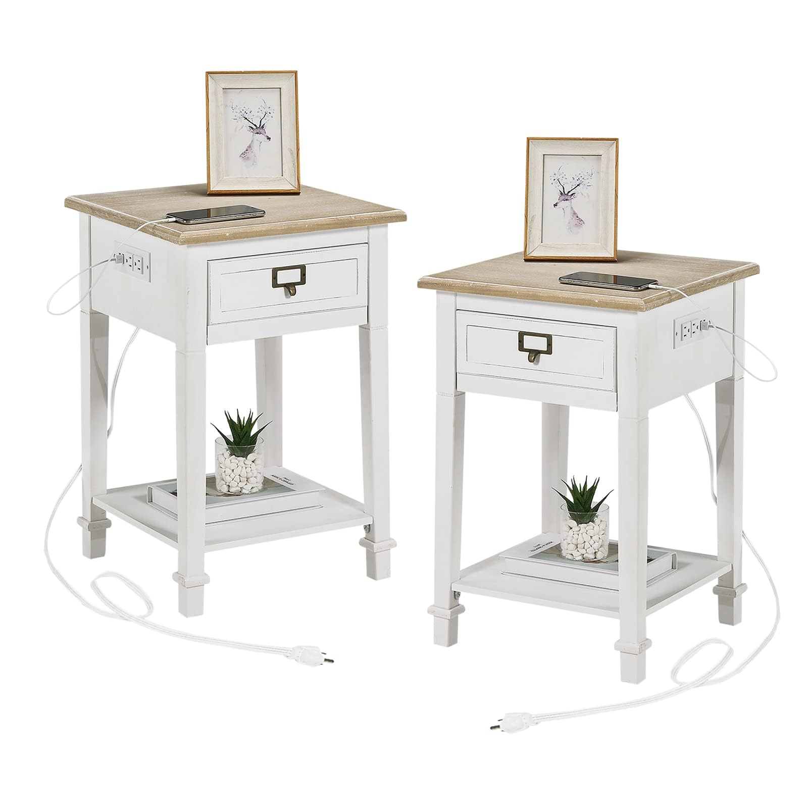 Wnutrees End Table with Charging Station,2 USB Ports and 2 Outlets,Nightstand Bedside Table with Drawer and Open Storage Shelf,for Living Room Bedroom,White,Set of 2
