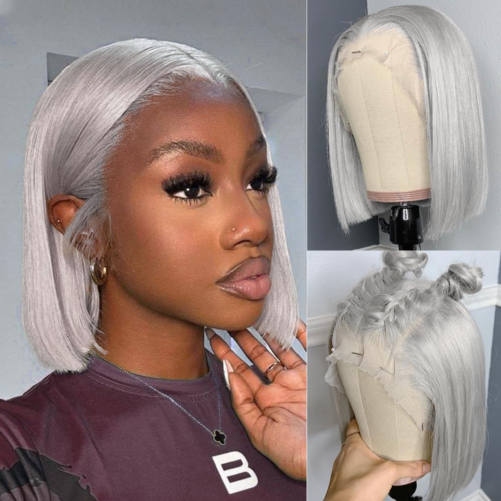 Silver Grey T Part Lace Front Bob Wig Brazilian Virgin Human Hair Wig Pre Plucked Hairline with Baby Hair UHD Transparent Lace Natural Looking Bleach