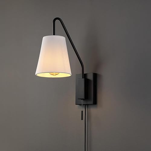 Miniatura 8 de Globe Electric 65000043 Aplique de pared con 1 luz, negro mate, pantalla de tela blanca, brazo oscilante, cable de tela trenzada negro de 6 pies,