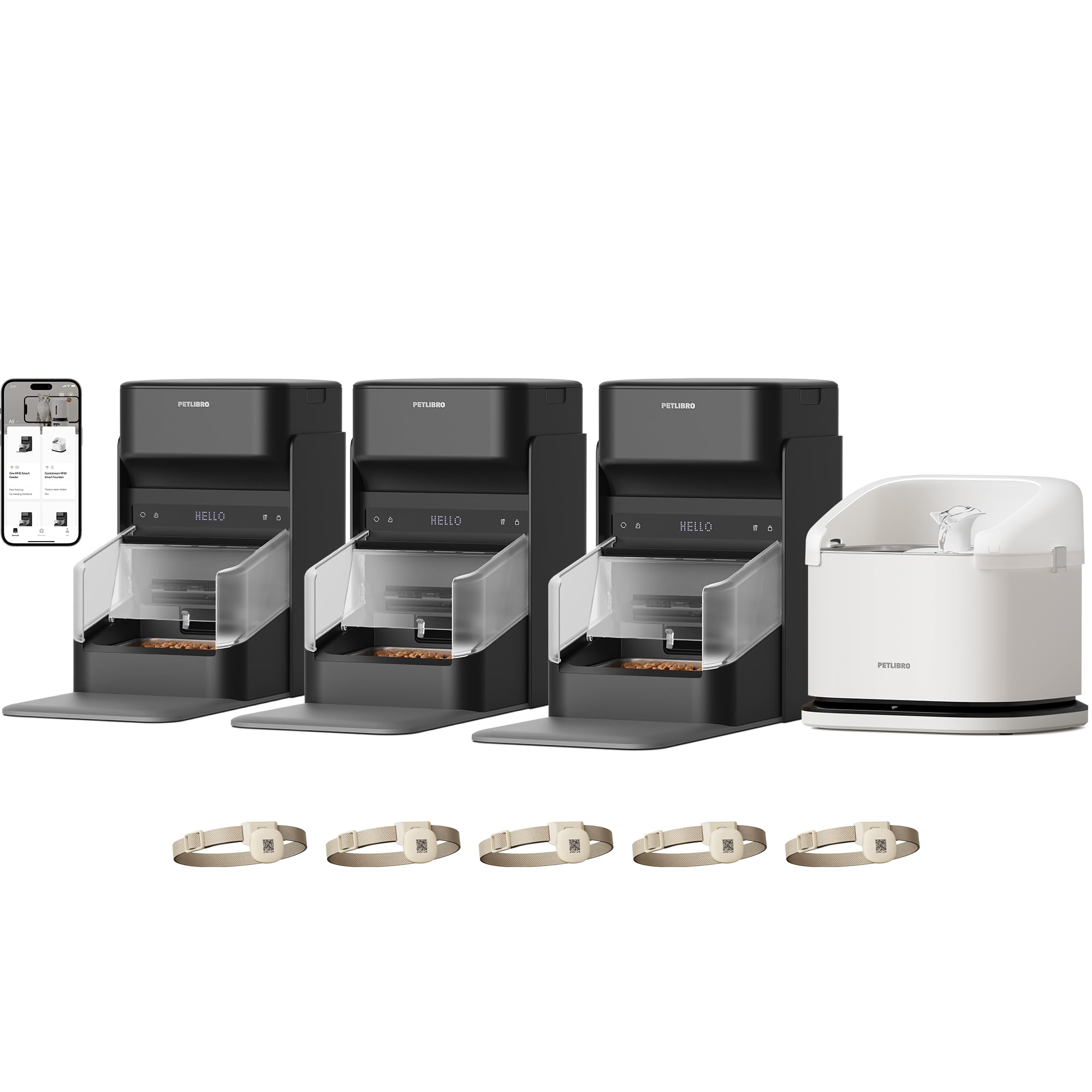 Bundle of PETLIBRO RFID Automatic Cat Feeder, Collar Sensor for Personalized Meals, Cats Recognition, Diet Tracking + RFID Multi Cats Water Fountain with Hydration Monitoring, x5 Collar Tags