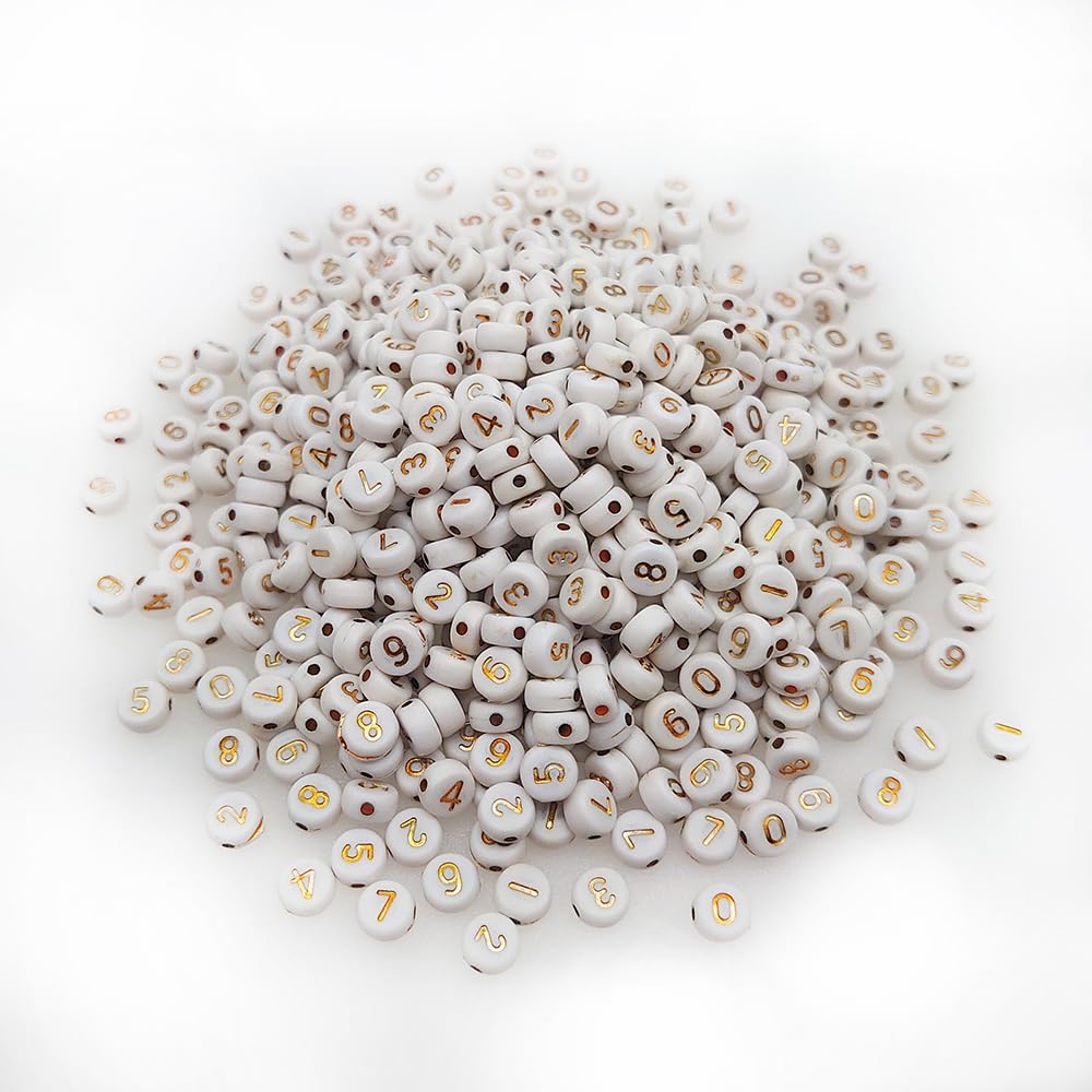 200+ Pieces 4x7mm White Round Acrylic Number Beads 0-9 Mixed Plastic Shape Loose Beads for Jewelry Making Bracelets Necklaces Key Chains (Gold on White) - Image 4