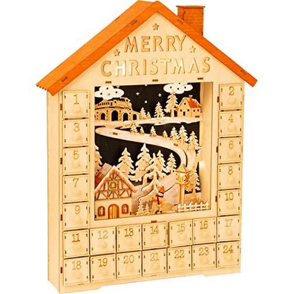 small foot Adventskalender Merry Christmas aus Holz, Weihnachtsdeko mit LED-Beleuchtung, Weihnachtshaus Deko, 11788