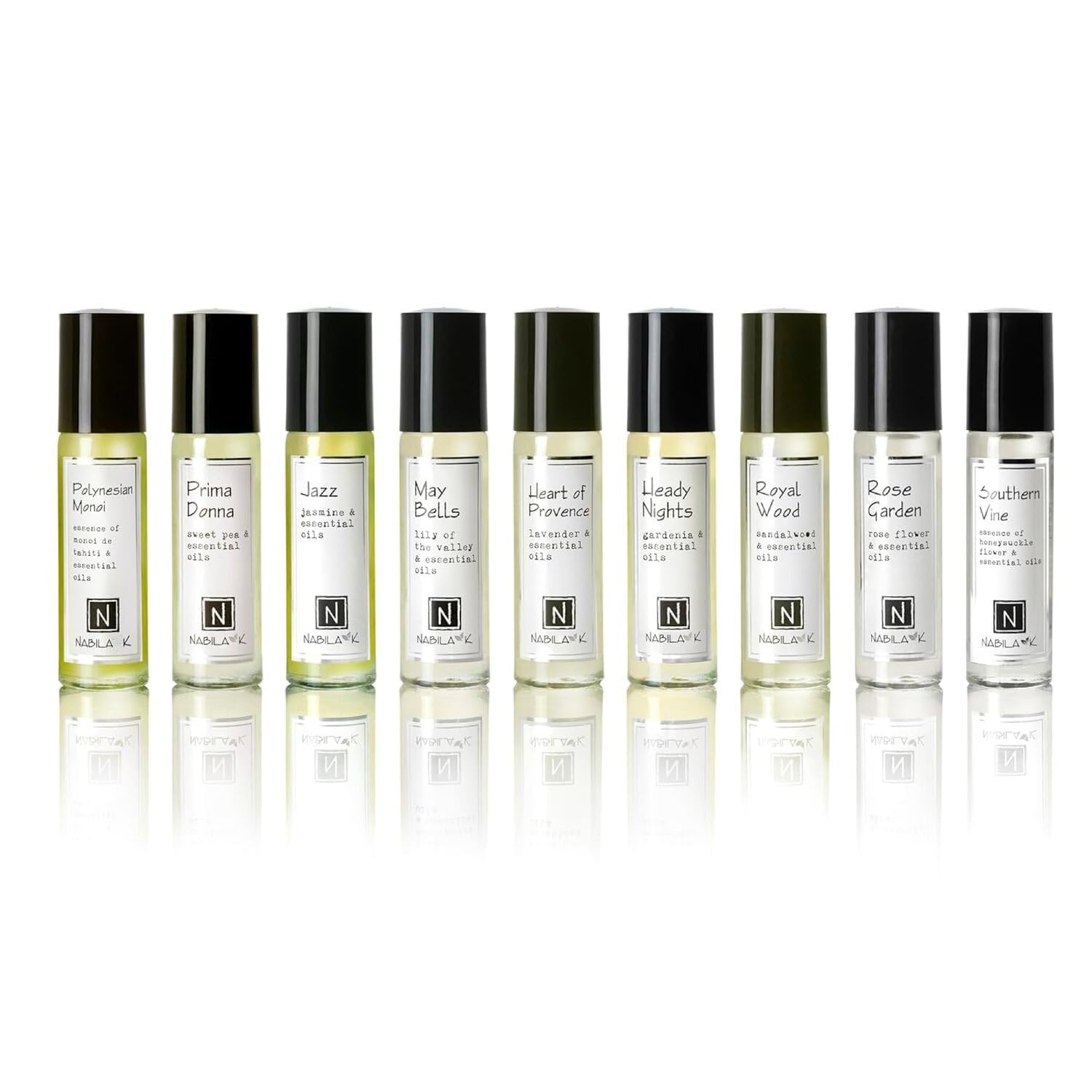 Nabila K Roll-on Perfume (Set of 9) with Essential Oils Alcohol-Free, All-Natural, Organic, Long-Lasting Fragrance - Travel-Size Perfume for Women - TSA Approved, 0.33 oz / 10 ml