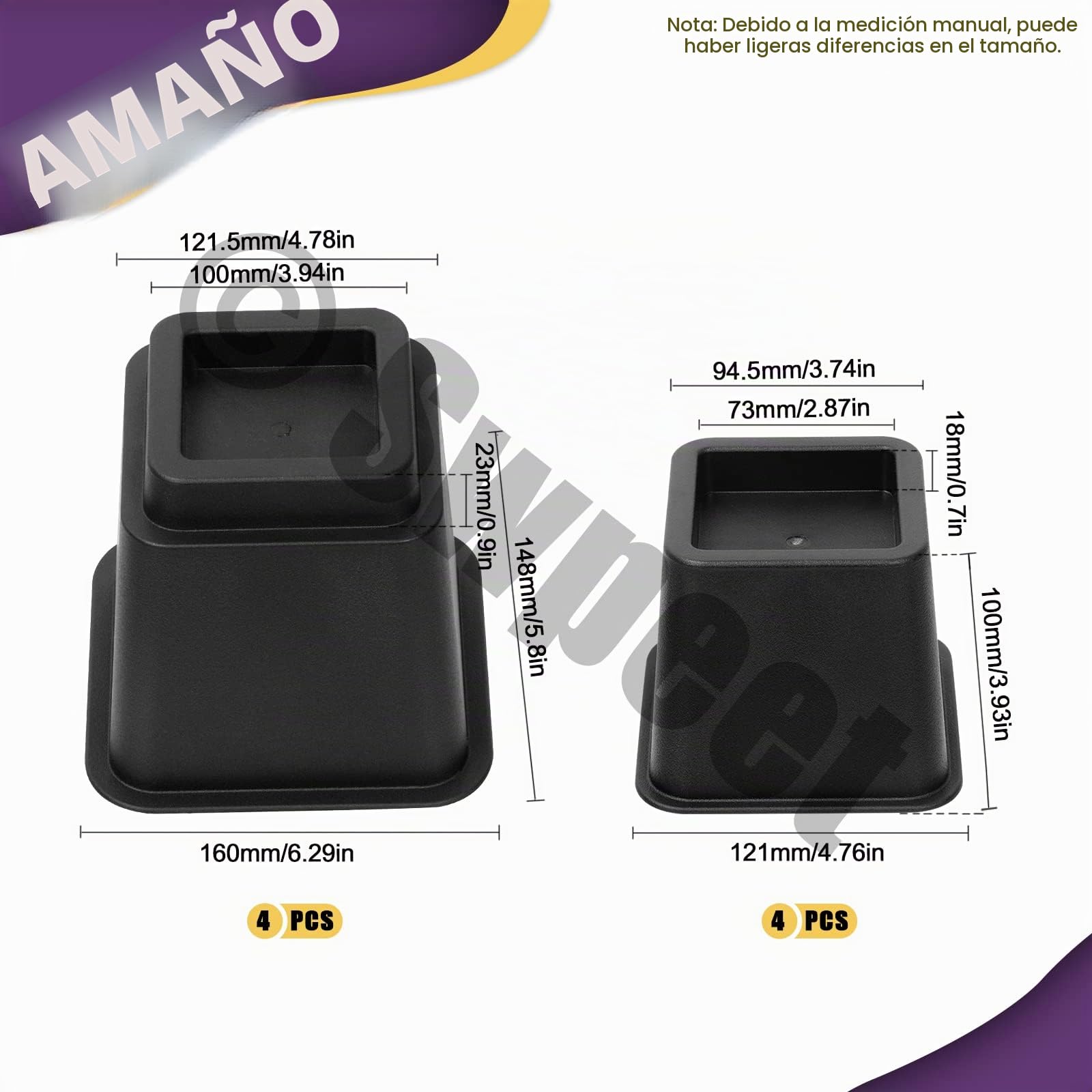 Swpeet 8 elevadores de cama ajustables, elevadores de marco de cama apilables negros, 4 elevadores de altura de cama grandes y 4 pequeños, elevación en alturas de 3, 5 u 8 pulgadas, elevador de