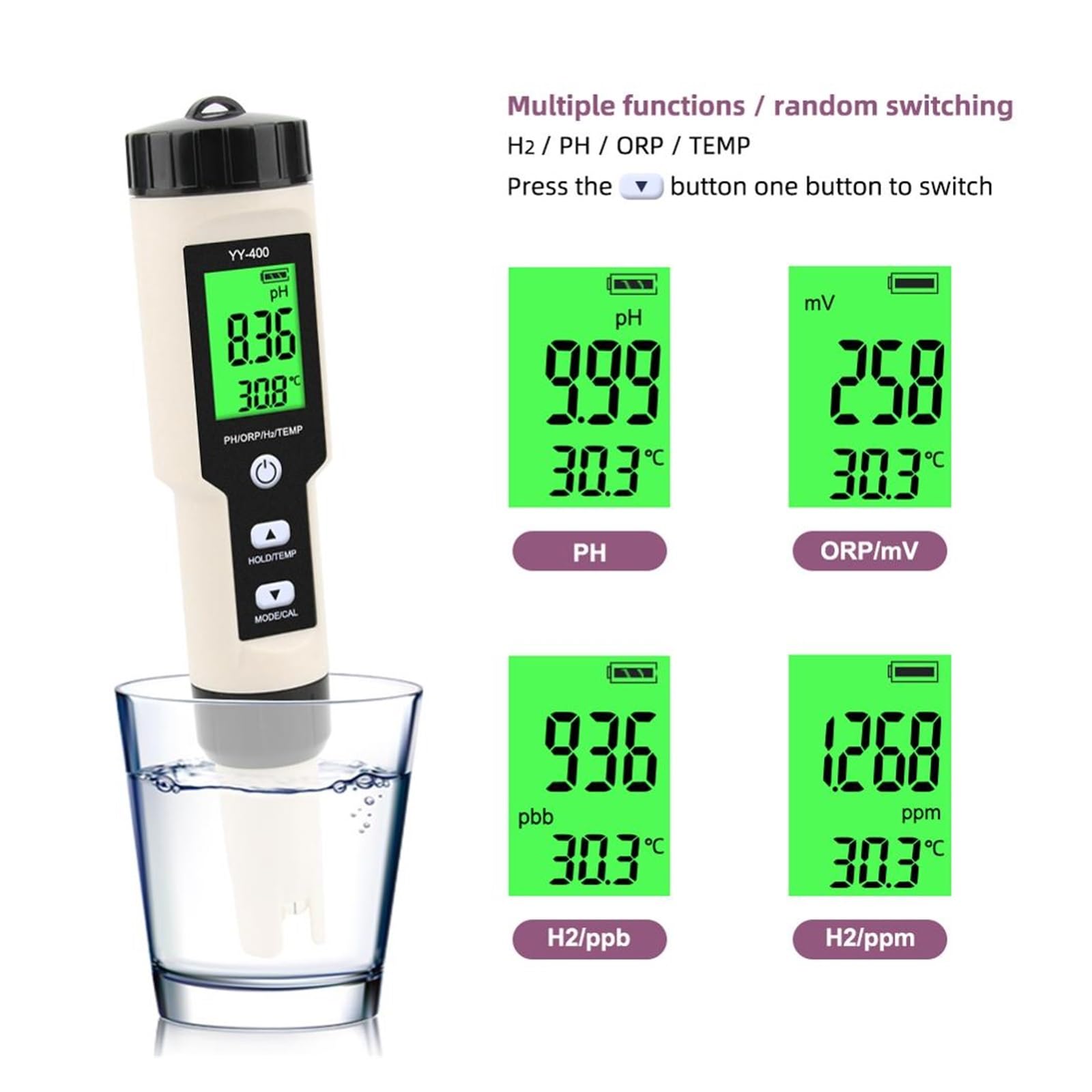 Medidor de pH Medidor Digital de Calidad del Agua 4 en 1 H2/PH/ORP/Temp, probador for Piscinas, Potable, acuarios