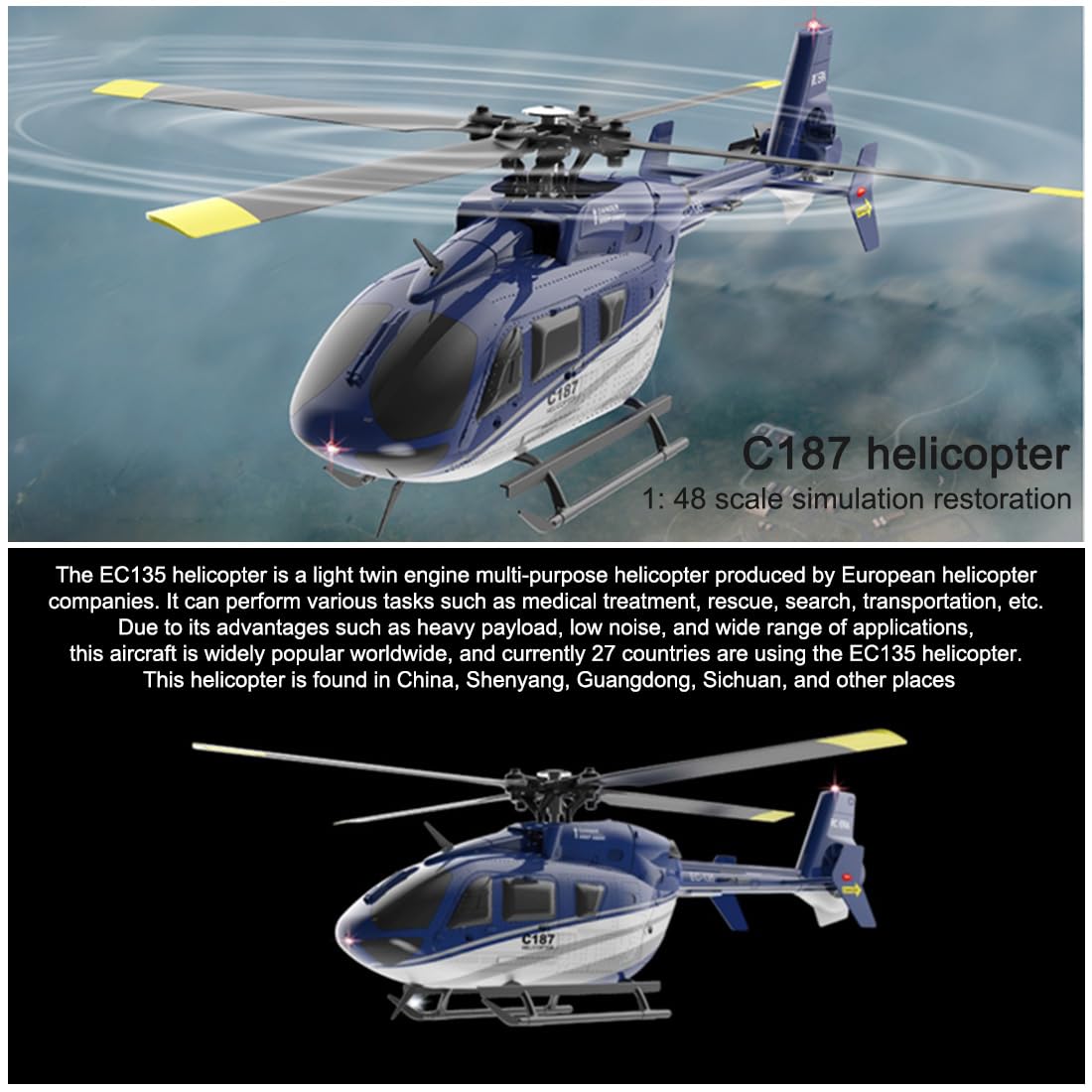 BrickCraftWorks 1/48 2.4G RC 4CH EC-135 エアバスヘリコプターモデル オプティカルフローポジシ