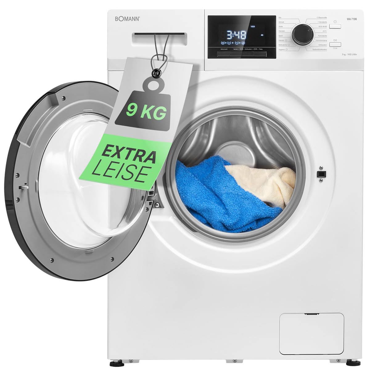 Bomann® Waschmaschine 9kg | inkl. Aqua-Stop | 1400 U/min | Bürstenloser DC-Motor: effizient, leise und langlebig | bis 95°C | 16 Programme | Endzeitvorwahl | Washing Machine | WA 7196