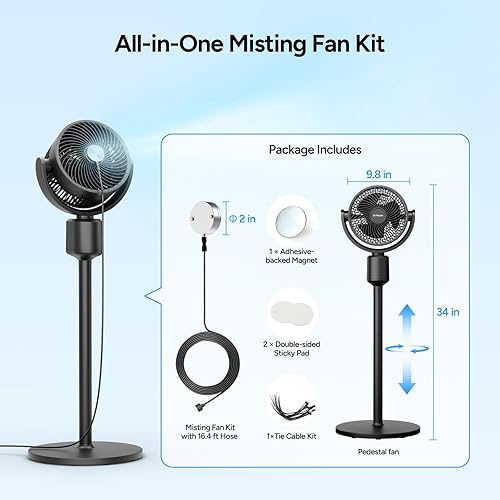 Miniatura 7 de DR.PREPARE Kit de ventilador de pedestal de niebla, ventilador de pie circulador de aire con rociador magnético, altura ajustable de 16 a 34