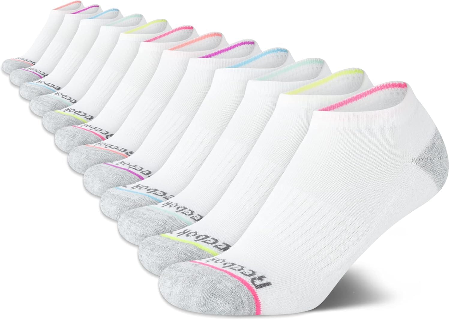Reebok Women's No Show Athletic Breathable Low Cut Cushioned Socks (12 Pack), Size 4-10, White Marl,(RVW211LC23003-D)