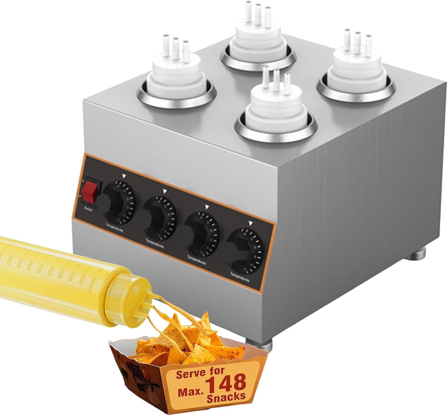 Dispensador Eléctrico Comercial para Calentar Salsas, Calentador De Queso para Nachos Y Salsa De Chocolate Caliente De Sobremesa De Acero Inoxidable De 640 W con 4 Botellas Exprimibles De 650 Ml.