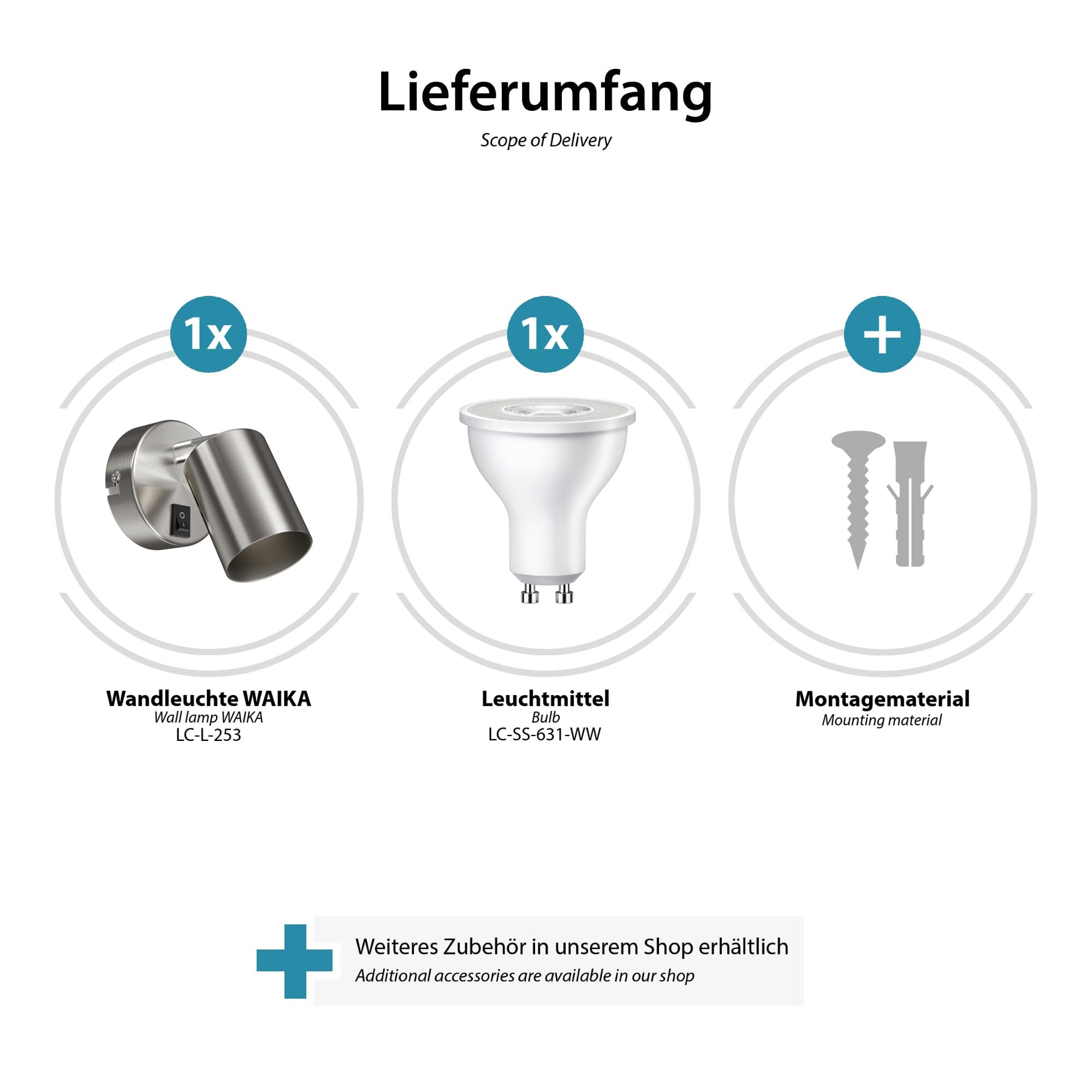 ledscom.de 2x Spot mural WAIKA, à une flamme, avec interrupteur, GU10, chrome mat, ampoule LED GU10 incluse (blanc chaud, 5,473W, 468lm, 30°)