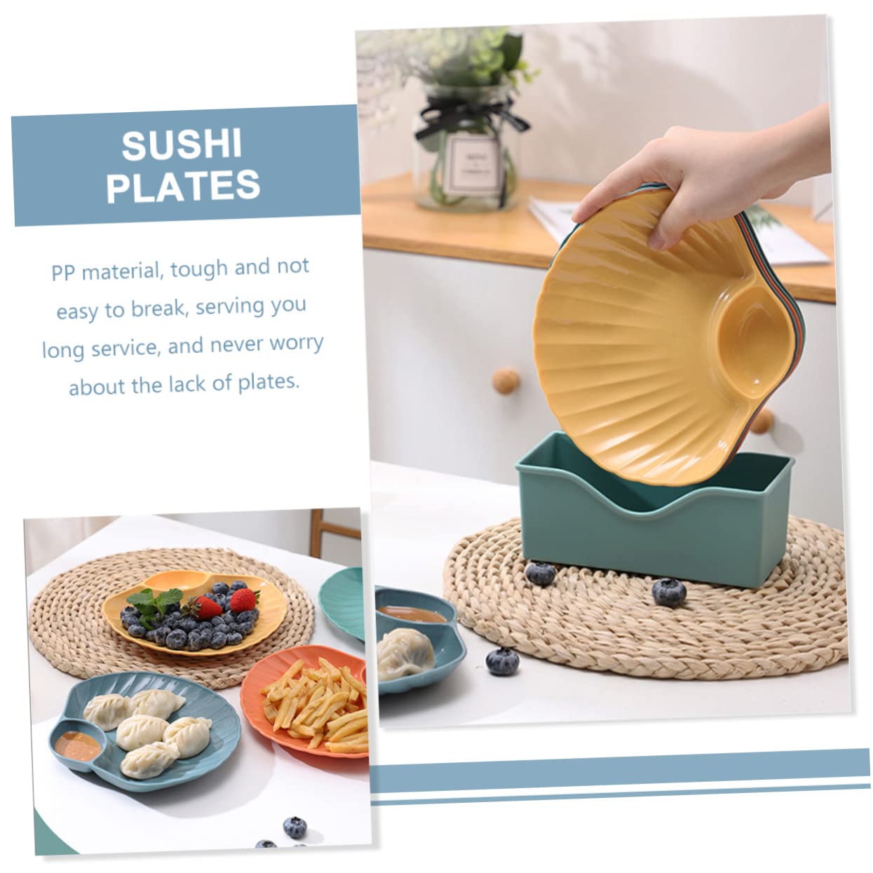 Cabilock 4Pcs Shell Shape Sushi Dipping Plate Plastic Snack Dish for Dumplings French Fries and Appetizers Easy to Clean