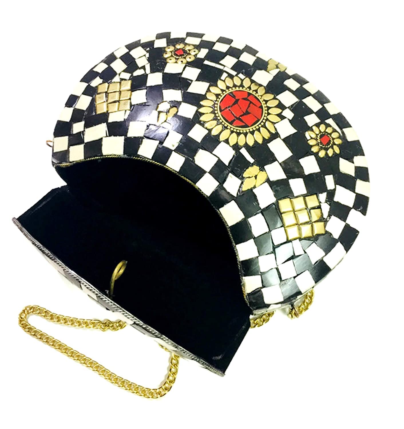 Bolso de metal de mosaico blanco y negro de estilo vintage para ella Bolso de noche étnico hecho a mano bolso de las mujeres (negro)