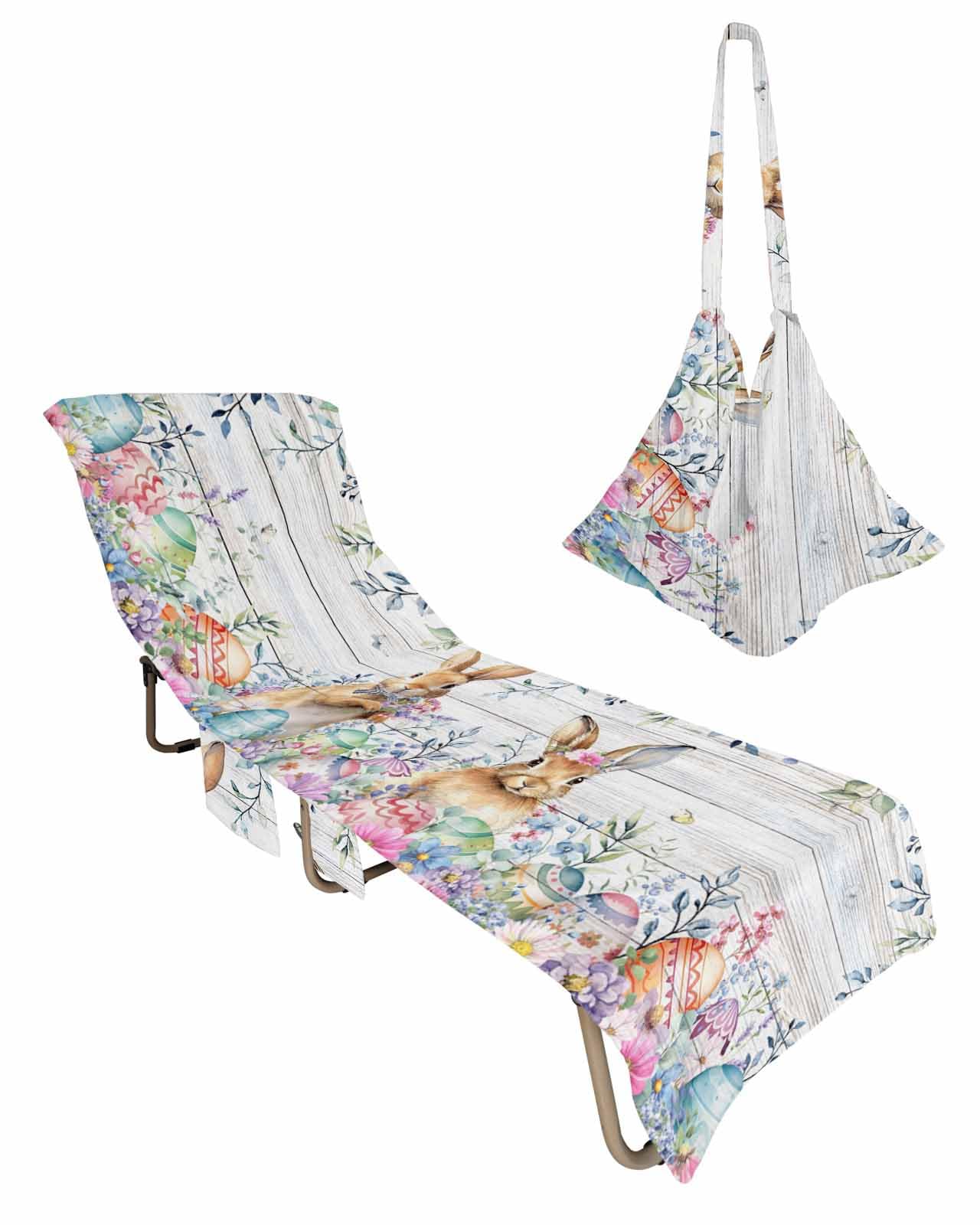 Spring Easter Beach Lounge Chair Towel Cover, Soft Chaise Lounge Towel with Side Pockets Patio Pool Chairs Cover for Beach/Pool Sunbathing 29x85 Vintage Bunny Floral Botanical Eggs