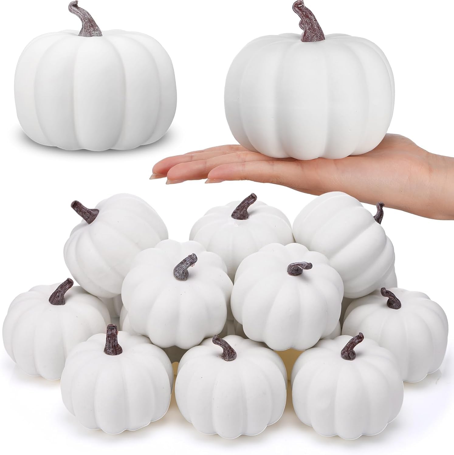 GGEROU Hallooween Artificial Pumpkins Set,8 Pcs Mini Realistic Artificial Pumpkins Fall Harvest Lifelike Pumpkins for Fall Halloween Thanksgiving Tabletop Decoration (12PCS,White)