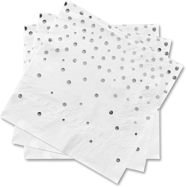 MIXIDON Silver Napkins Party Birthday Serviettes White Disposable Paper Wedding Anniversary Luncheon 3-Ply Napkins, 50 Pack, 6.5 x 6.5 Inch(Silver and White)