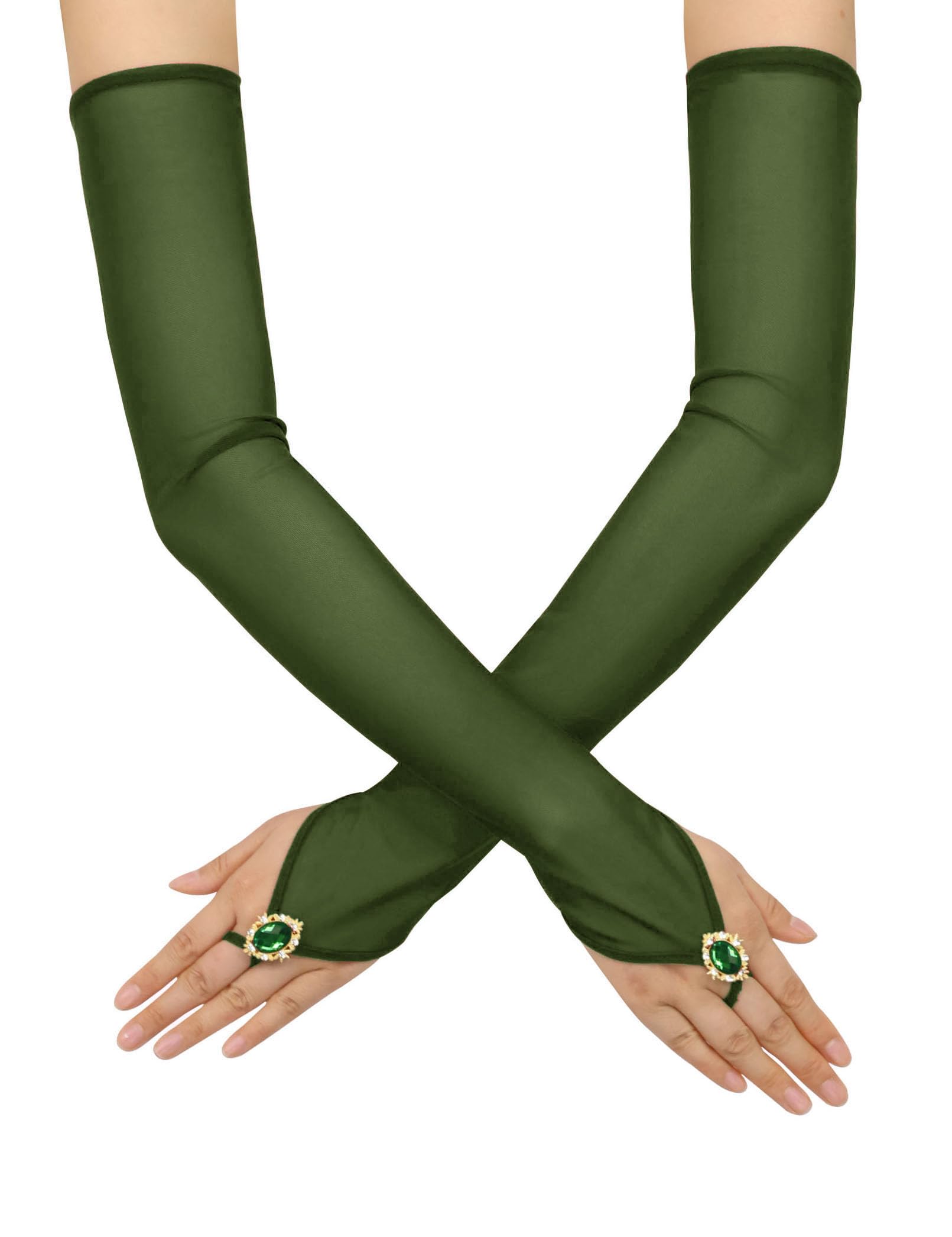 Goiruiya Opera Long Fingerless Gloves Bride Wedding Party Costume Stretchy Mesh Glove and Drill, dark green, One size