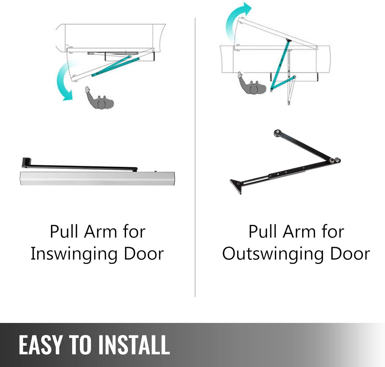 Diagrams illustrating the two pull arm configurations for the automatic door opener: one for inswinging doors and one for outswinging doors, showing how the arm connects to the door frame and the door itself.