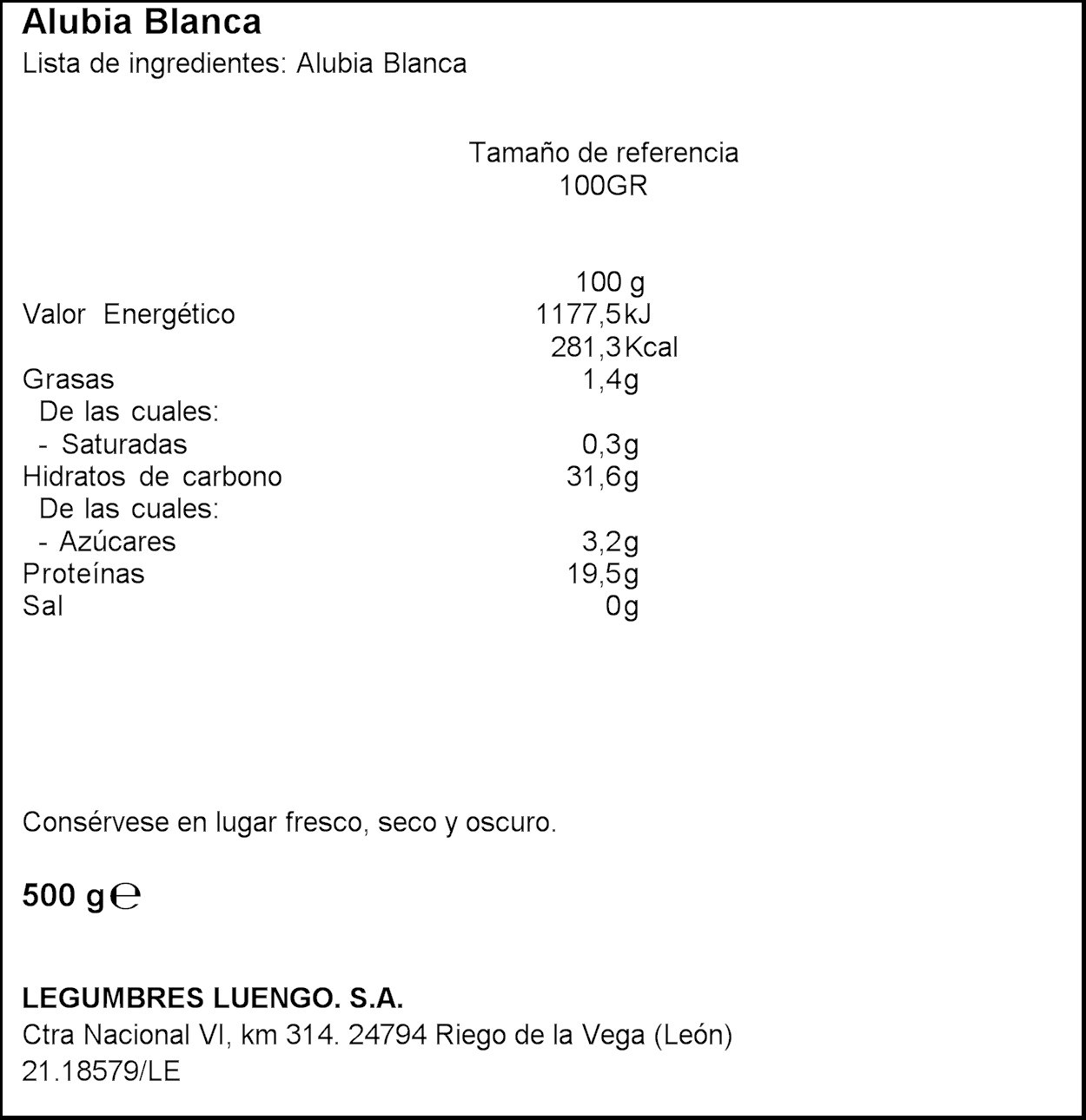 Luengo - Alubia Blanca Larga Selecta En Paquetes De 500 g