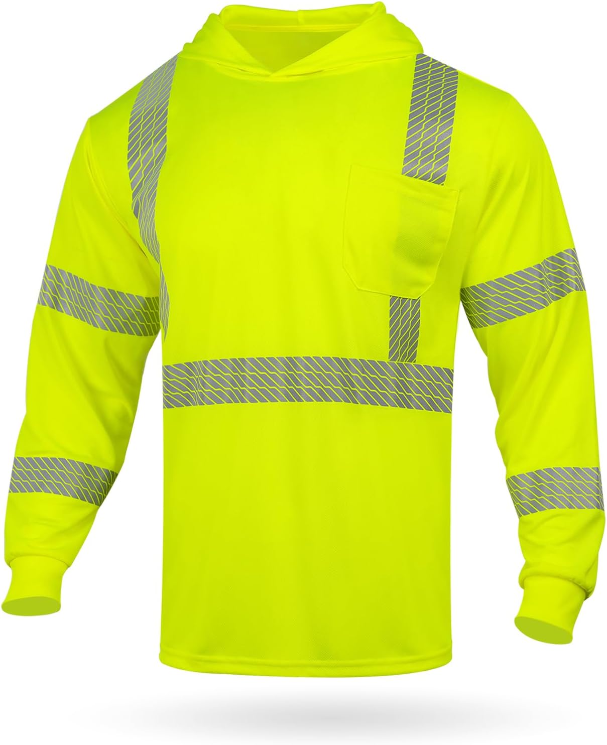 GLIMMR Hi Vis Hoodie Safety Reflective High Visibility Long Sleeve T Shirts with Hood for Men Class 3 Construction Workwear