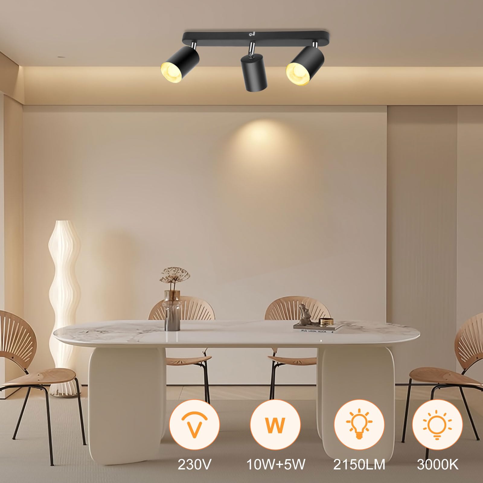 Plafonnier LED 3 Spots Orientables Rotatifs - Luminaire Salon Cuisine Chambre Avec Ampoules GU10