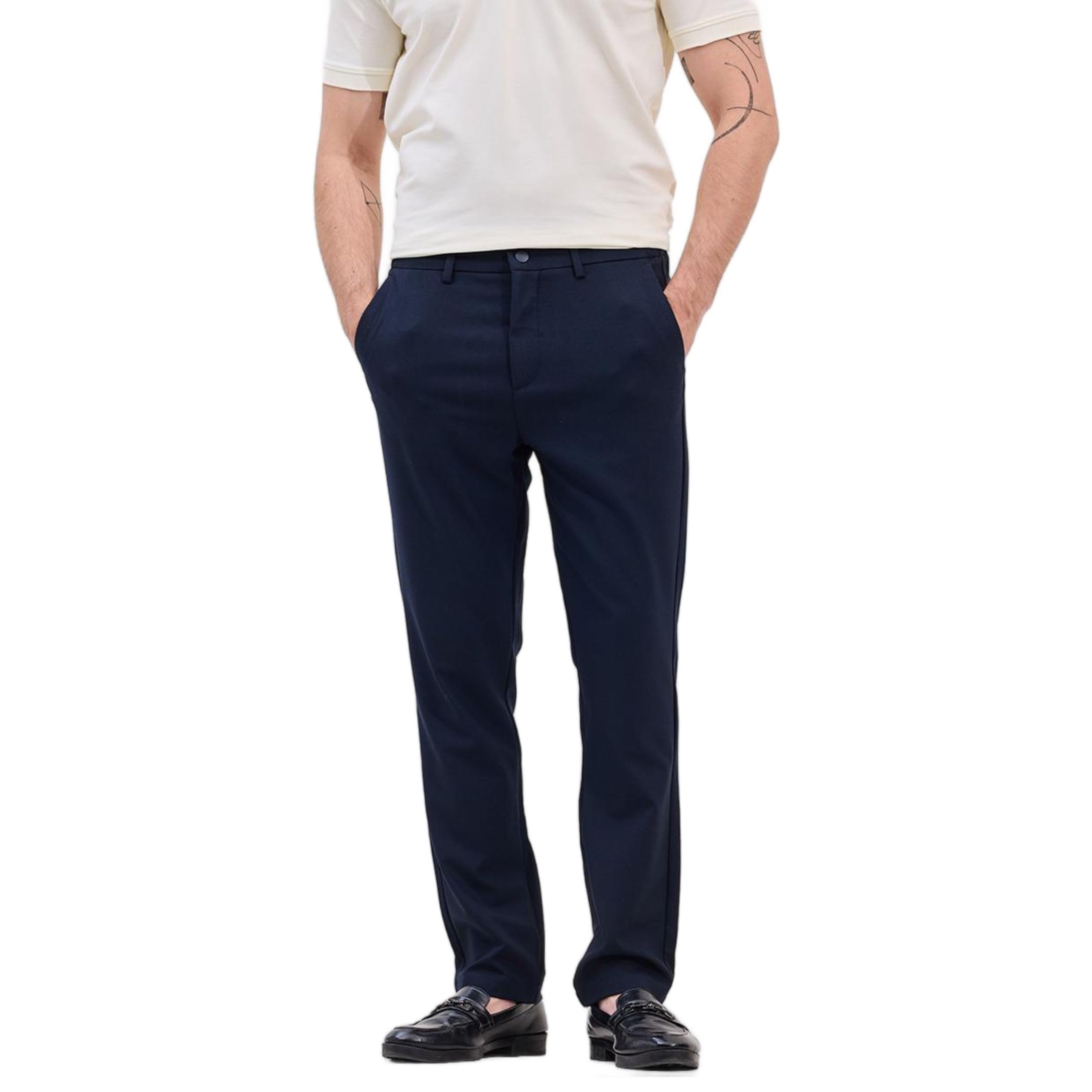 SNITCH Navy Poly Blend Ankle Length Stretch Slim Fit Trousers in navy