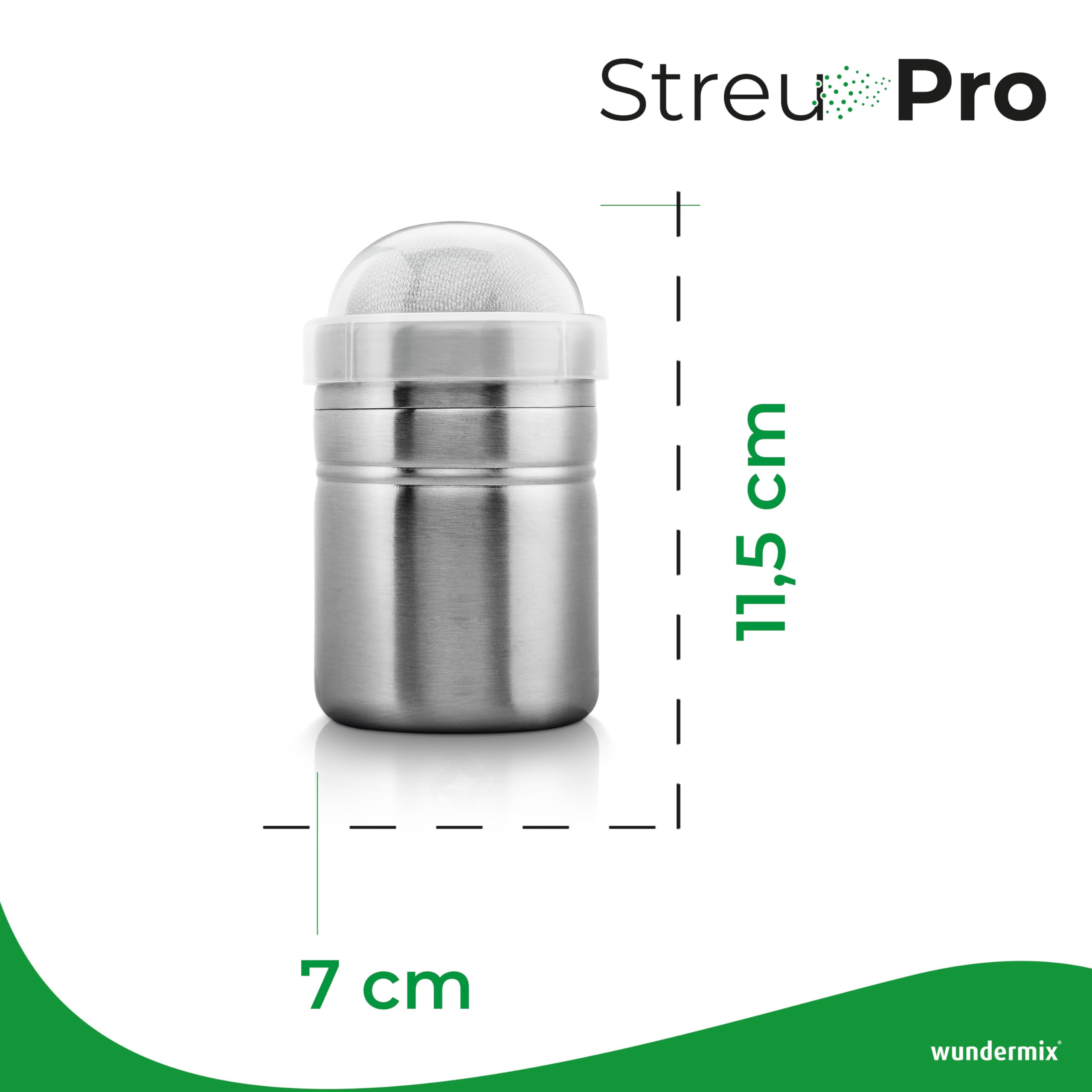 Wundermix - posypywacz StreuPro ze stali nierdzewnej • Posypywacz do cukru, cukru pudru, mąki, kakao i cyny • Do posypywania ciast, cappuccino, gorącej czekolady i nie tylko • Posypywacz do cukru