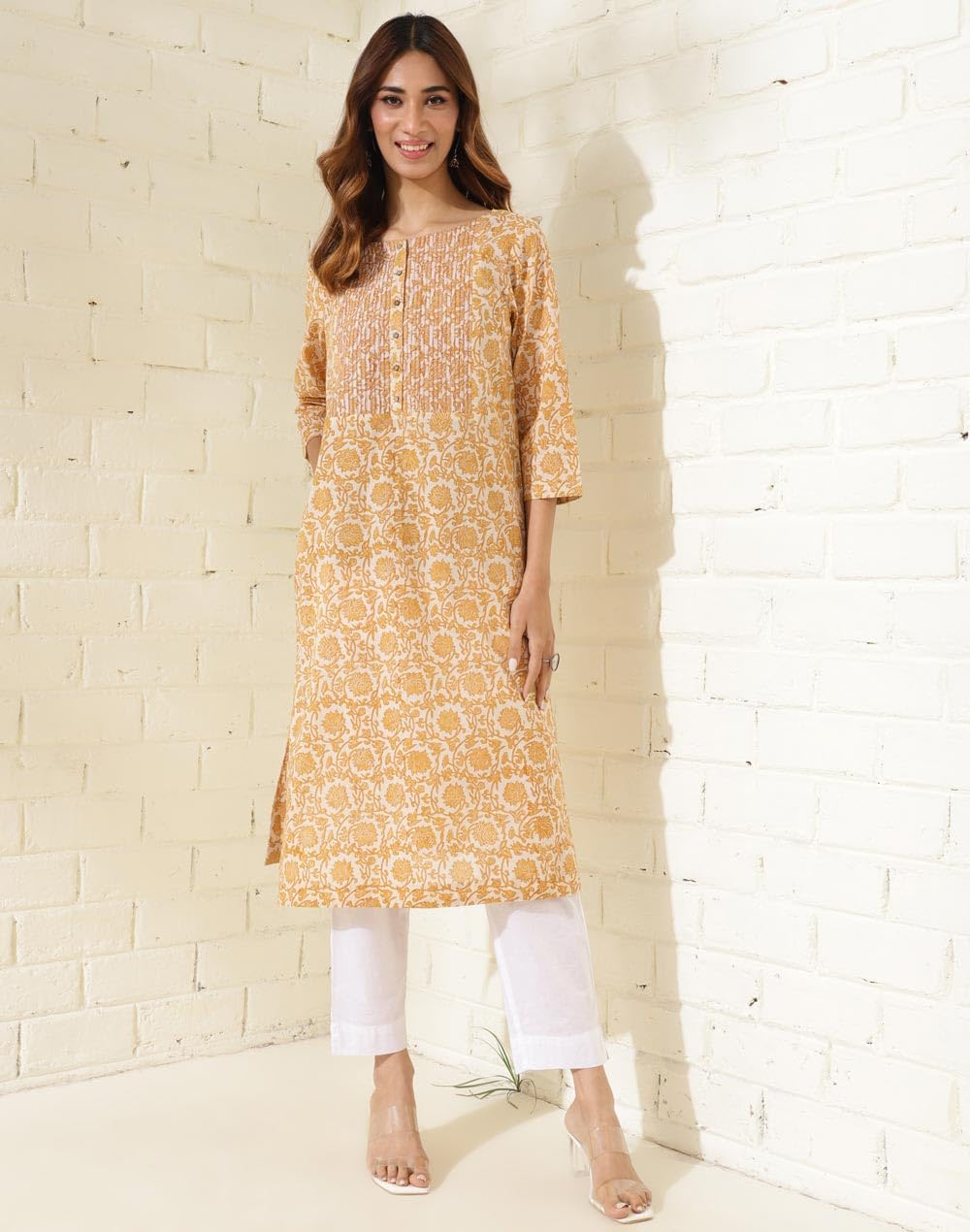 Fabindia Women's Cotton Printed Regular Kurta (1037296Yellow_Yellow