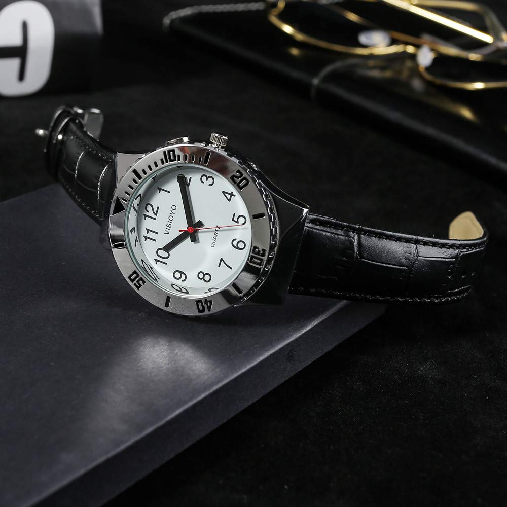 Reloj parlante analógico con alarma, anuncio de hora y fecha en francés para ciegas y personas con discapacidad visual, correa de piel negra TFBW-1601F, Clásico