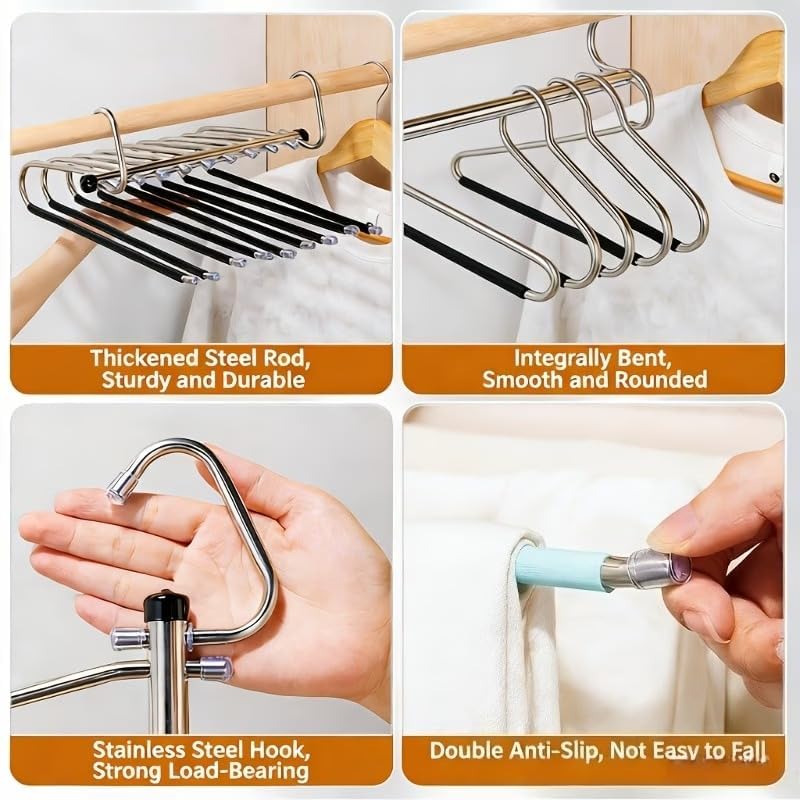Image of SR (Pack of 4) 5 in 1 Stainless Steel Foldable Hangers for Clothes Hanging Multi Layer Multi-Purpose Pant Hangers for Wardrobe Magic Foldable Hanger Clothes Hanger