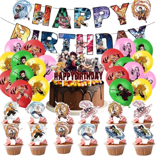 Deemonslayer Birthday Decorations Set - 35 Pieces Anime Themed Balloon Cake Topper Banner Party Supplies for Kids Fans