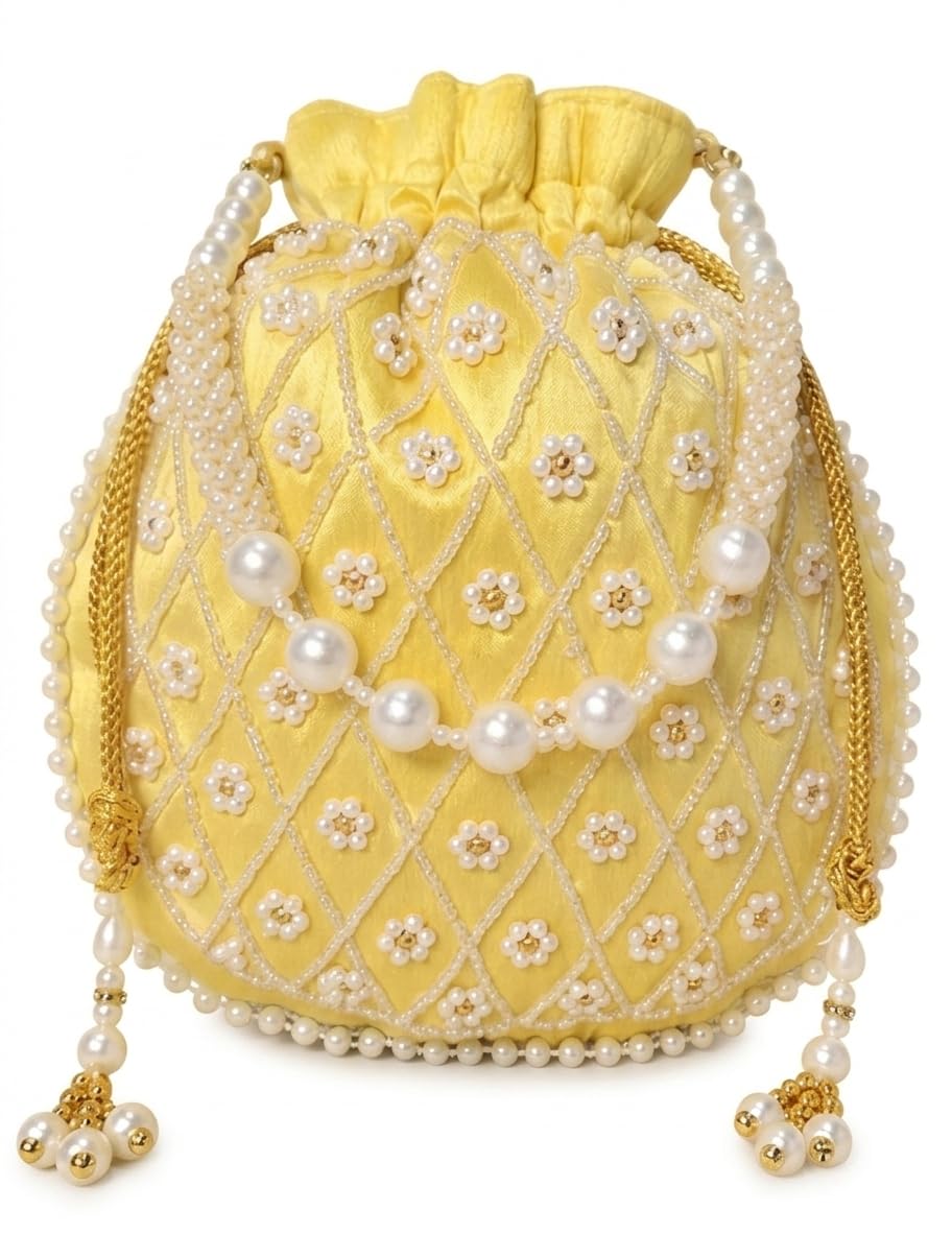 Ethnic potli Bag for Women and Wedding Gifting || Silver White Beads Handle || Mirror Work || Drawstring Closure (Yellow Fabric Embellished with Floral Pattern moti)-image-3