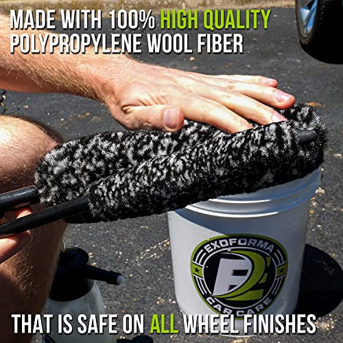 Image of ExoForma Bendable Brush Set - Unique Adjustable 2-Piece Wheel Brush Set Cleans Behind Wheels - Tough Yet Gentle Wool Fiber + No-Scratch Rubber Tip Safe for All Wheel Types - Comfy Ergonomic Grip