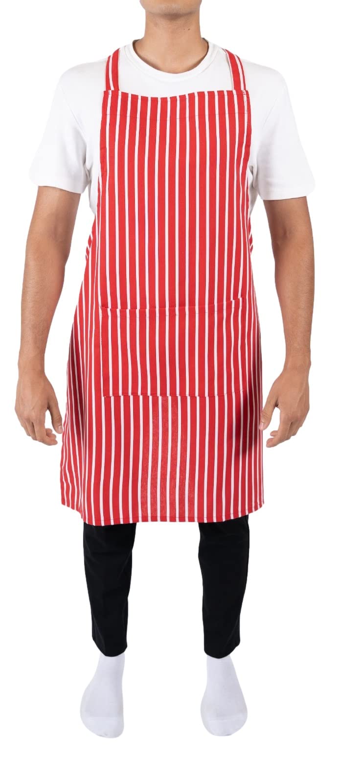 Casa D'Or Red Apron Bib With Pockets Unisex Stripe Adjustable Apron for Cooking Baking Kitchen Restaurant Chef Cotton Apron Bib (Red)