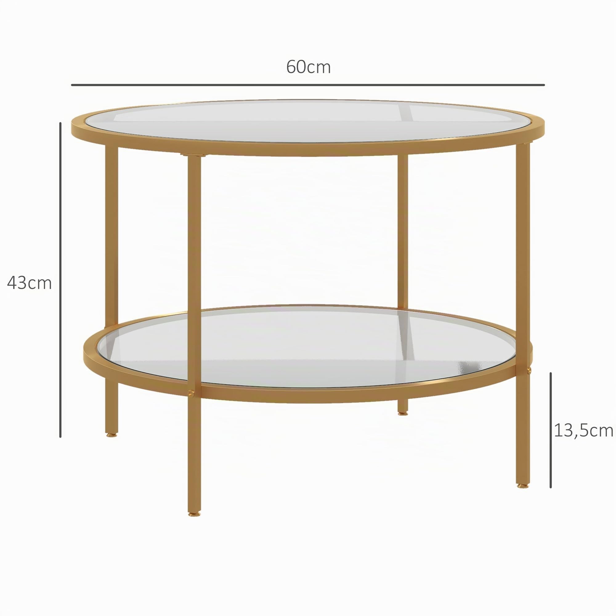 HOMCOM Beistelltisch Rund Couchtisch mit Ablage Ø60 x 43 cm Gold