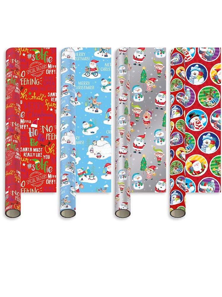 Gift Maker Multicolor 4 X 5M Traditional Rolls Christmas Xmas Wrapping Paper Assorted Designs Santa Sleigh Rudolph Snowman Elf Penguin