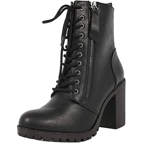 Soda Malia Round Toe Stacked Lug Heel Lace Up Ankle Booties