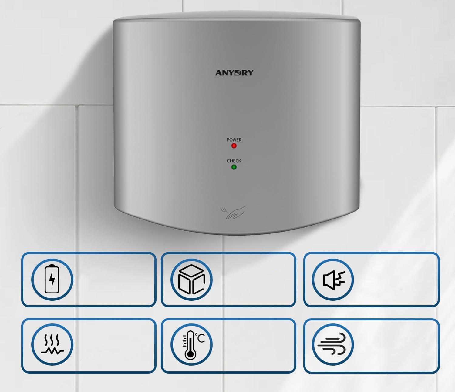 anydry 2630S sèche-Mains Compact, sèche-Mains électrique, Commercial ou Domestique, sèche-Mains Automatique à Grande Vitesse, sèche-Mains pour Toilettes.Logement ABS.1400-1650W.(Argenté)