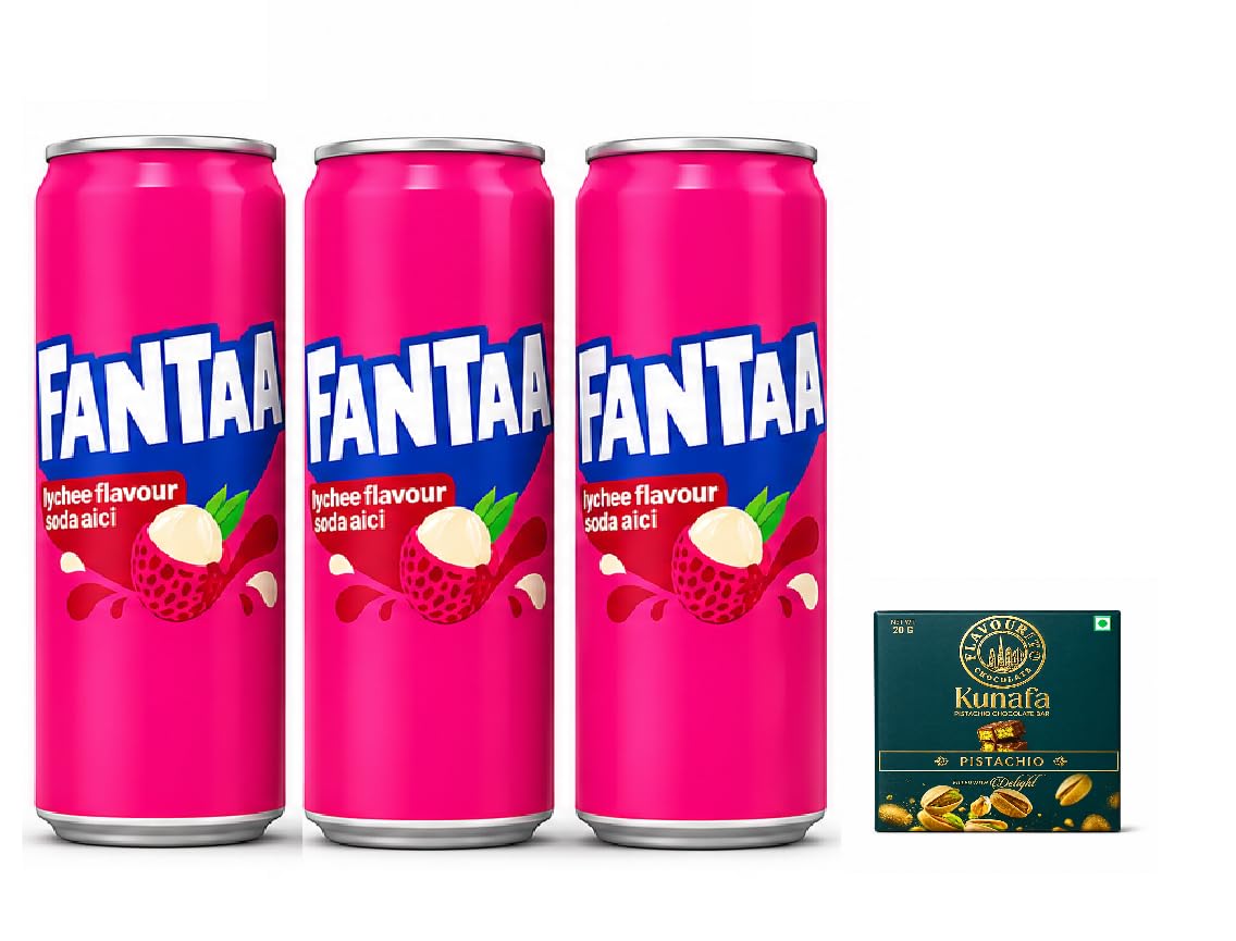 fantaa lychee flavour soda aici, refreshing carbonated soft drink with exotic lychee taste, 320ml cans (pack of 3)get free flavourito kunafa pistachio chocolate bar, 20g by decadent foods,(imported-malaysia)