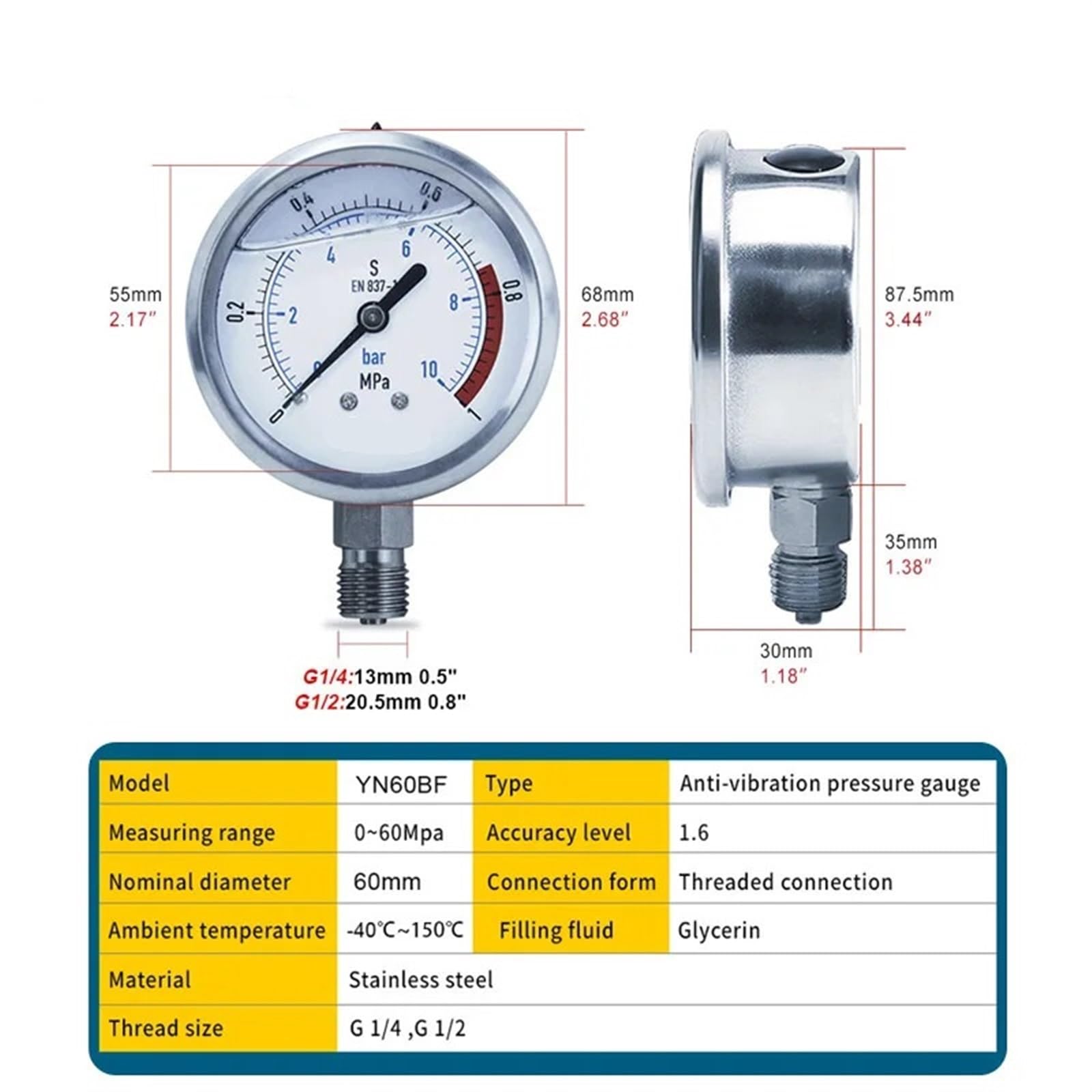 Manometro antivibrazione 0-60mpa Radiale/assiale Aria idraulica Acqua Acciaio Inossidabile manometro Olio Filettatura G1/4 G1/2 manometro Digitale (Un Quarto Radiale, 0-0,4 MPa)