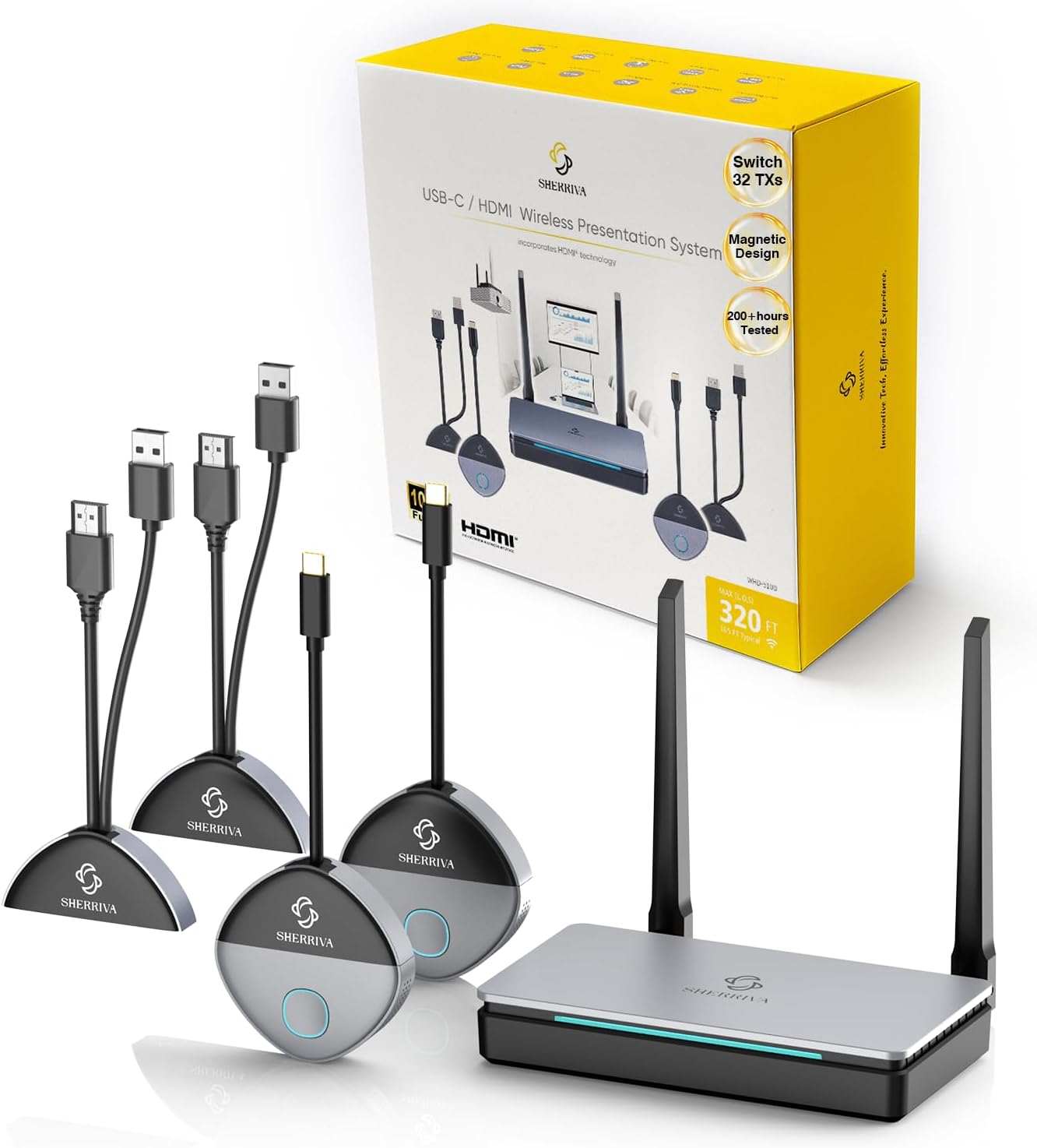 Wireless HDMI Transmitter and Receiver 328ft, USB-C & HDMI Adapter, 2 TXS to 1 RX, Up to 32 TXS, 1080P@60Hz, 2.4G/5G, for Audio & Video Streaming from Laptop Phone to Monitor