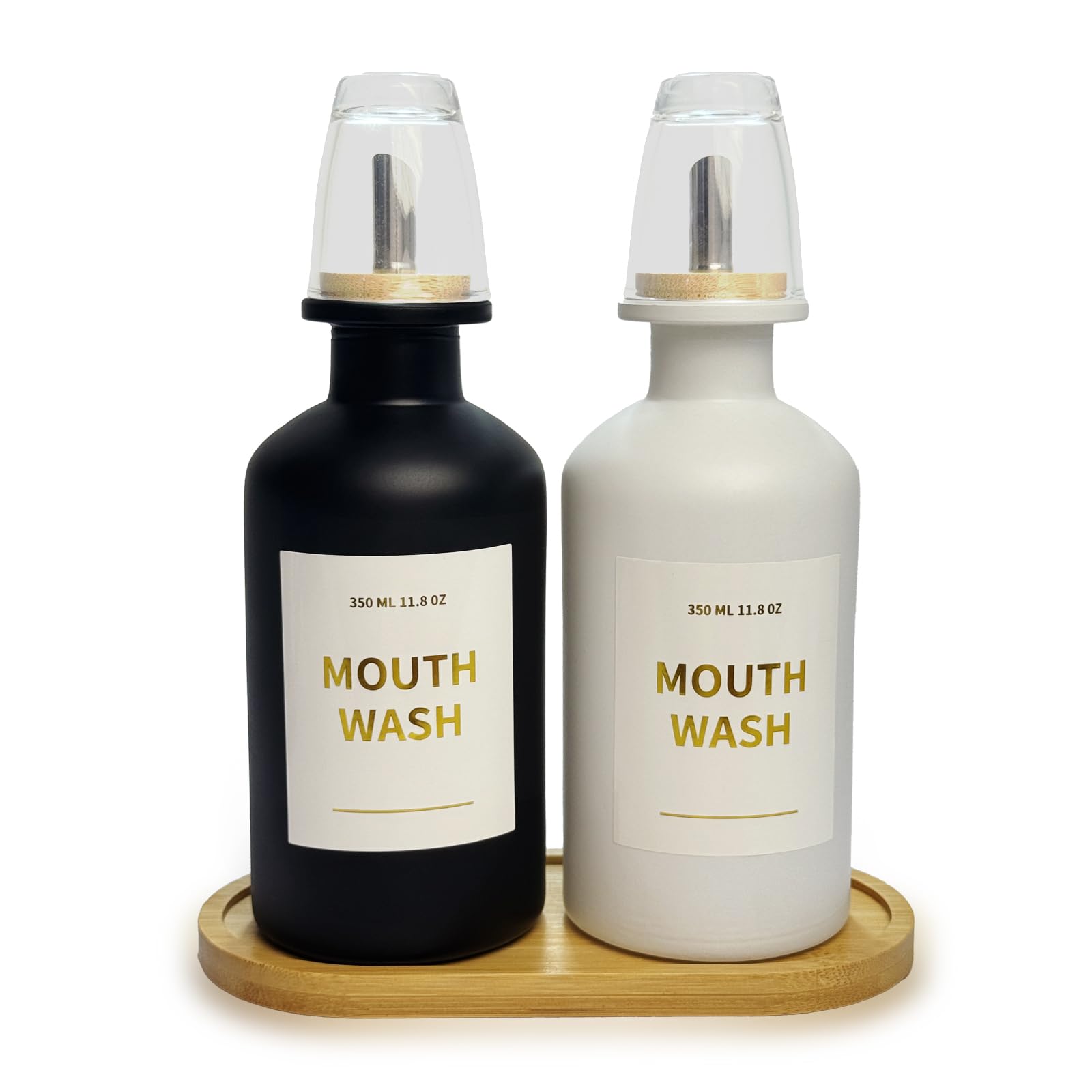 Hniuyun Black & White 11.8 Oz Glass Mouthwash Dispenser For Bathroom With Bamboo Tray & Steel Nozzle - Reusable Cup, Gold Accents, Countertop Decor