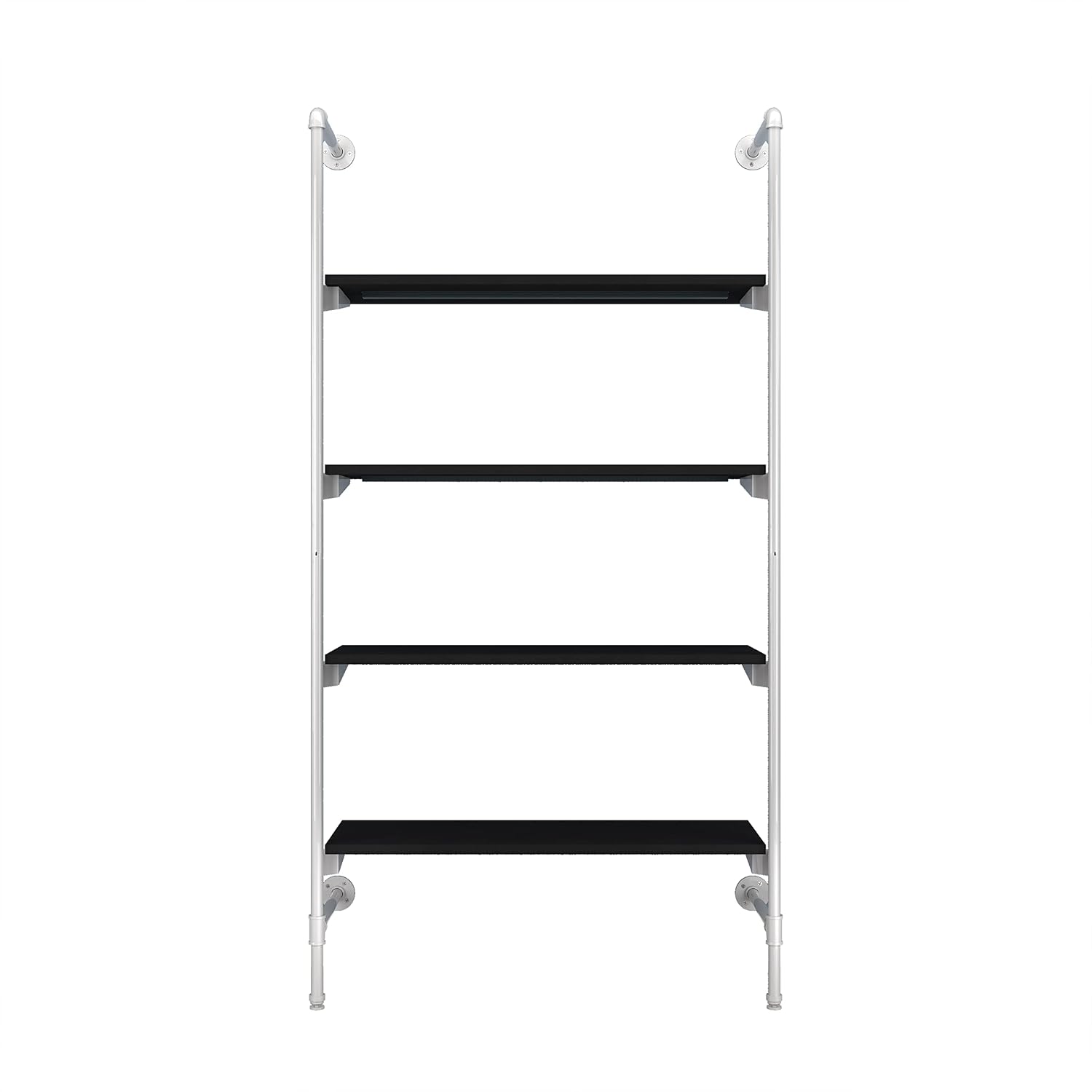 Econoco Brand Pipeline Outrigger Wall Display with Four Display Shelves - Gloss White Uprights with 4 Black Shelves