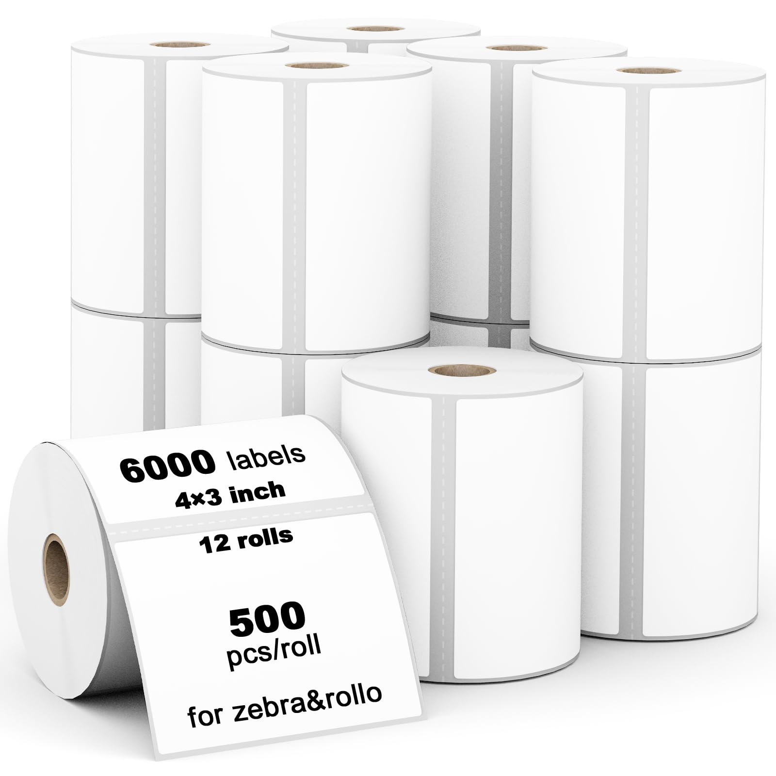 12 Rolls 4" x 3" Direct Thermal Label (101mm x 76mm) Multipurpose Shipping Address Mailing Barcodes Stickers Compatible for Zebra & Rollo Desktop Label Printer (500 Labels/Roll)
