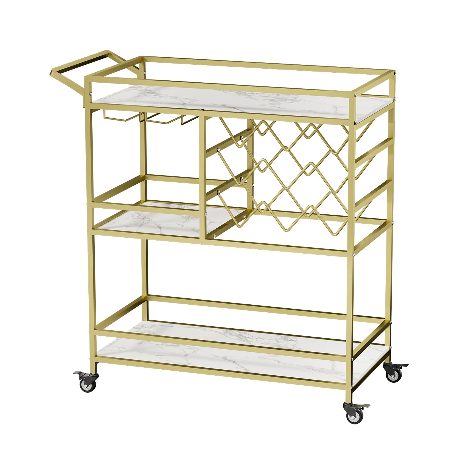 DAWNYIELD 3-Tier Golden Bar Cart for Home, Kitchen Serving Bar Cart with Wine Rack & Glass Holder, Modern Wine Cart on Wheels, Mobile Drink Trolley, Beverage Bar Table for Home Dinning Room Party